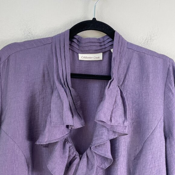 NEW Coldwater Creek Ruffle Front Shimmer Shirt L Purple Misses 14-16 - Picture 10 of 11